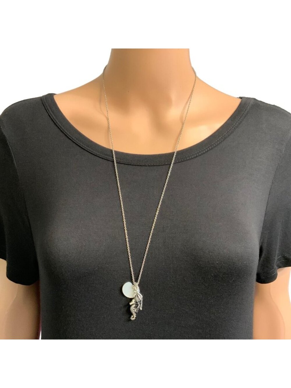 Seahorse Pendant Necklace With Mother Of Pearl Shell Silver Tone 24 Inch
